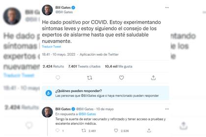 Bill Gates anunció en redes sociales que tiene coronavirus (Captura Twitter)