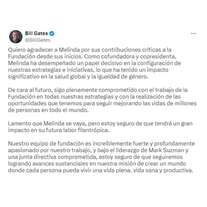 Bill Gates se despidió de su ex esposa Melinda, quien abandona la Fundación filantrópica que co crearon