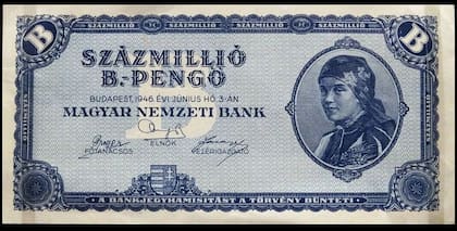 Billete de cien trillones de pengős, emitido en Hungría, 1946, la denominación más alta en uso jamás emitida.
