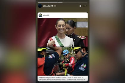 Billie Eilish compartió en sus historias una publicación que destacaba el accionar de Claudia Sheinbaum por enviar asistencia a Texas