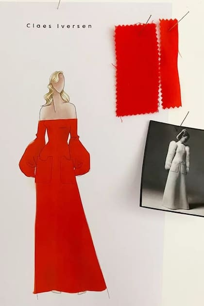 Boceto del vestido "Princesa Amor" que confeccionó el diseñador danés Claes Iversen y Máxima estrenó en la cena de gala con Emmanuel y Brigitte Macron.