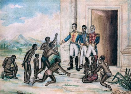 Bolívar dictó varios decretos que buscaban una profunda reforma social, quiso abolir la esclavitud y mejorar la vida de los indígenas. Acuarela sobre papel de Fernández Luis Cancino