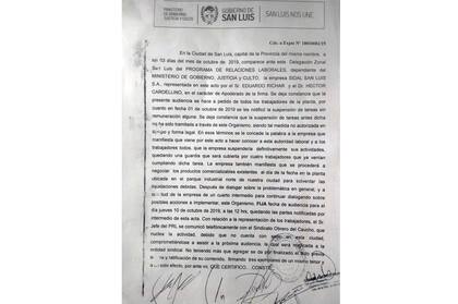 Facsímil del acta en la que consta la intención de cierre de la planta de San Luis.