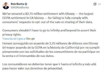 Bonta destacó el acuerdo de 2,75 millones de dólares con Disney