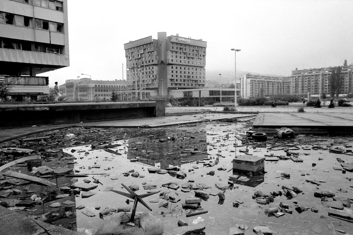 Bosnia, Sarajevo - May 1995. The Holiday Inn hotel which became home to the media during the siege of Sarajevo. During the 47 months between the spring of 1992 and February 1996, the people of Sarajevo endured the longest siege Europe has witnessed since the end of the Second World War. More than 10,600 people were killed with a further 56,000 wounded or maimed.