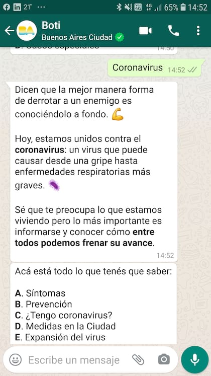 Boti, el bot de la Ciudad de Buenos Aires, también responde sobre el coronavirus