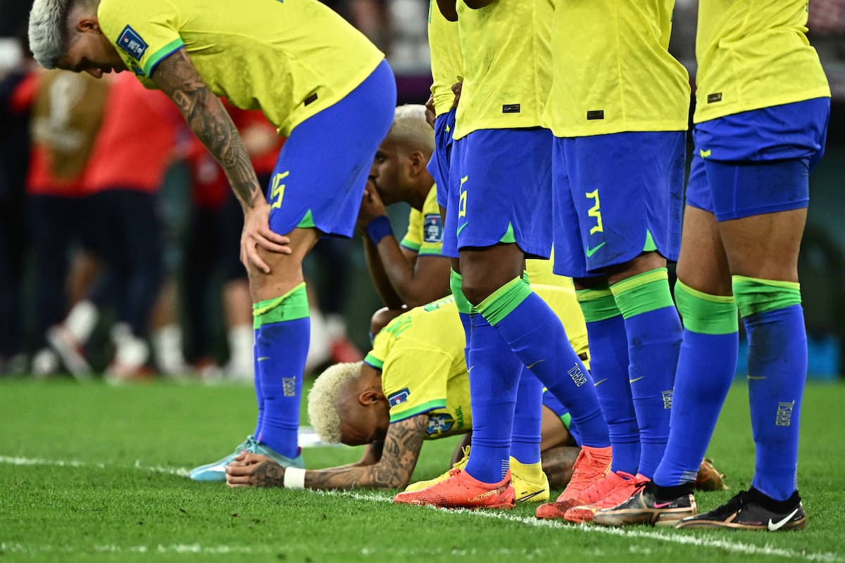 Brazil's forward #10 Neymar reacts after Brazil's defender #04 Marquinhos missed his shot to lose in the penalty shoot-out after extra-time of the Qatar 2022 World Cup quarter-final football match between Croatia and Brazil at Education City Stadium in Al-Rayyan, west of Doha, on December 9, 2022. (Photo by Jewel SAMAD / AFP)