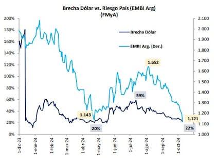 Brecha del dólar y riesgo país, desde que asumió Javier Milei. Fuente: FMyA