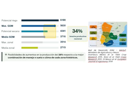 Brecha productiva nacional y diferencias regionales respecto de los máximos explorados bajo distintas combinaciones de suelo, clima y manejo