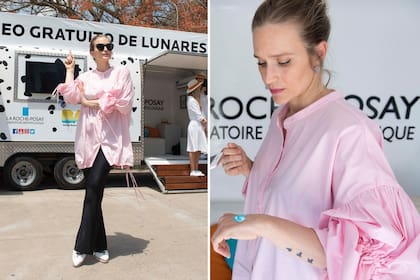Brenda Gandini le dio uso al UV patch de La Roche Posay. ¡Nos encantó su camisa rosa de mangas abullonadas!