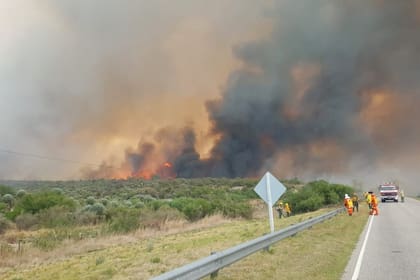 Brigadistas y bomberos trabajan para apagar un incendio entre Papagayos y Villa Larca: cortan la ruta N° 1