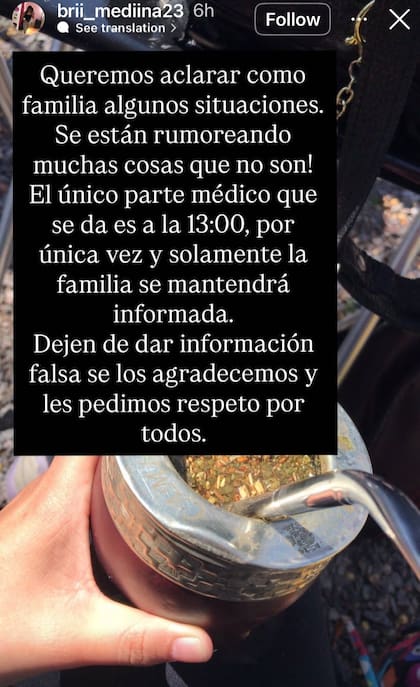 Camila Medina aclaró en Instagram que solo hay un parte médico diario sobre la salud de su hermano