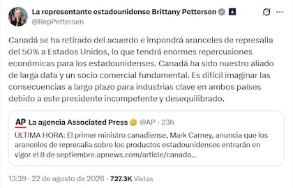 Brittany Pettersen advirtió que los aranceles a productos canadienses traerán consecuencias para los estadounidenses