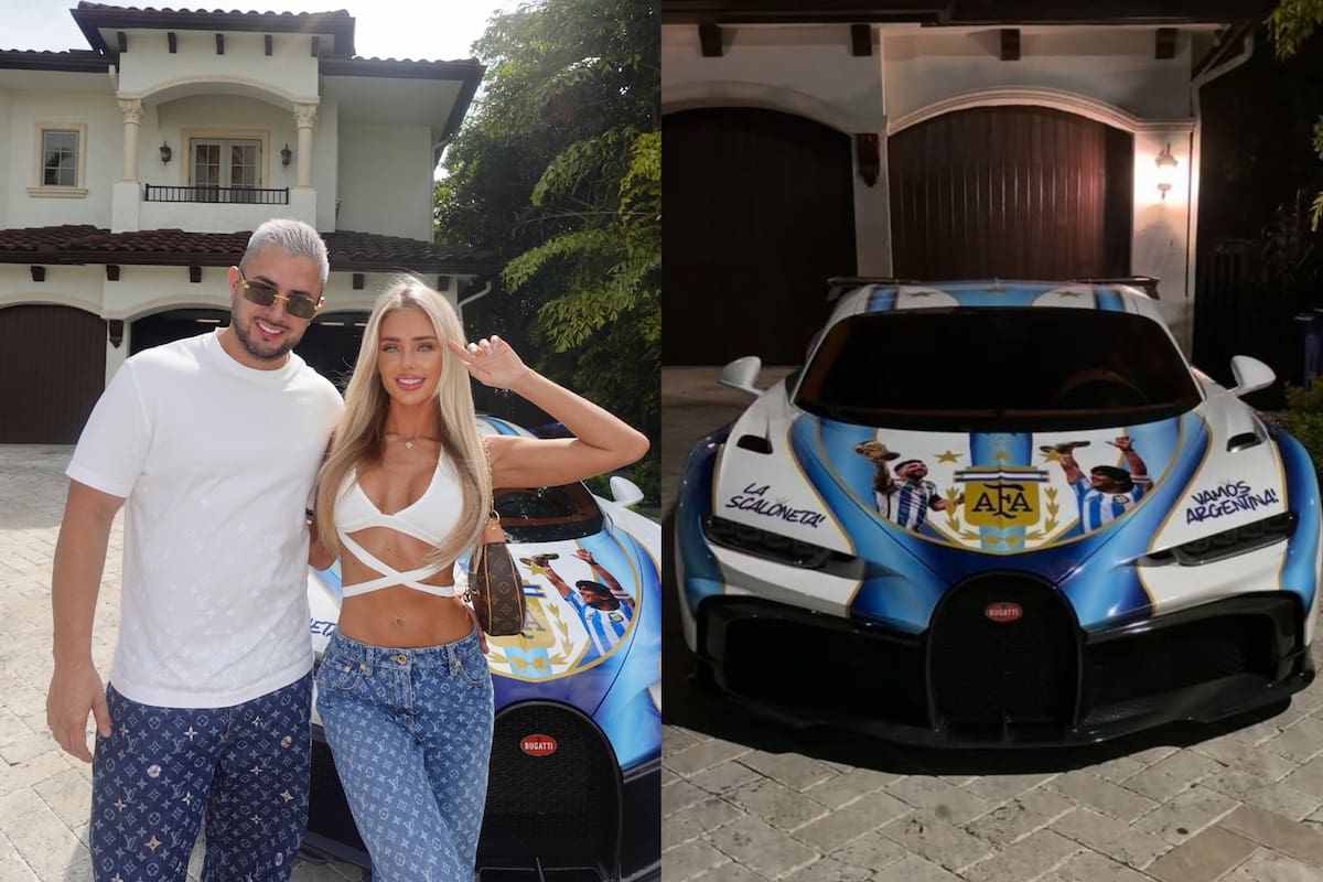 Bruno junto a su novia, la influencer Hayley Bentley, luciendo el Bugatti personalizado con motivos de la Selección Argentina (Messi, Maradona, las estrellas y el escudo de la AFA)