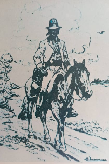 Bruno Ramírez, primer cartero porteño, en un dibujo realizado por E. Marenco