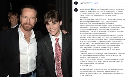 Bryan Cranston compartió una extensa carta donde detalló su último diálogo con RJ Mitte