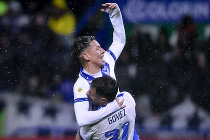 BUENOS AIRES, ARGENTINA - SEPTEMBER 2: Gianluca Prestianni of Velez Sarsfield celebrates with teammate Valentin Gomez after winning a match between Velez and River Plate as part of group A of Copa de la Liga Profesional 2023 at Jose Amalfitani Stadium on September 2, 2023 in Buenos Aires, Argentina. (Photo by Marcelo Endelli/Getty Images)