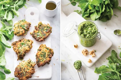 Buñuelos de rúcula y pesto de rúcula, dos exquisitas preparaciones que permite este vegetal favorito de muchos.
