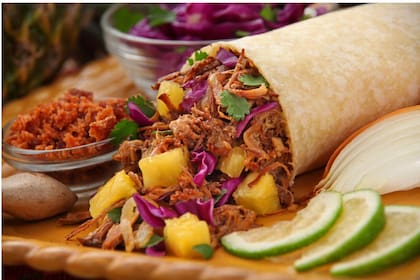 Burrito relleno de cerdo y ananá.