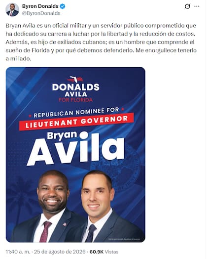 Byran Avila será el nuevo compañero de fórmula de Byron Donalds para las elecciones generales del 3 de noviembre