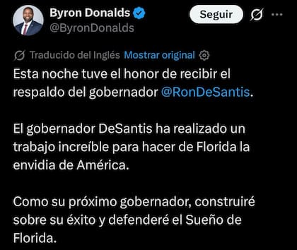 Byron Donalds agradeció el respaldo de Ron DeSantis de cara a las elecciones para gobernador de Florida de 2026 y aseguró que buscará continuar con el rumbo del actual mandatario.