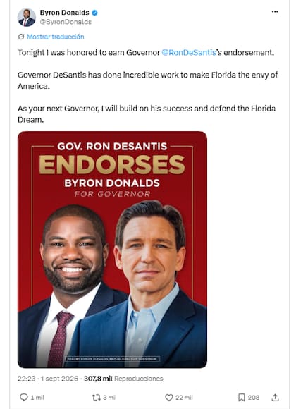 Byron Donalds agradeció el respaldo del actual gobernador Ron DeSantis de cara a las elecciones a la gobernación del próximo 3 de noviembre