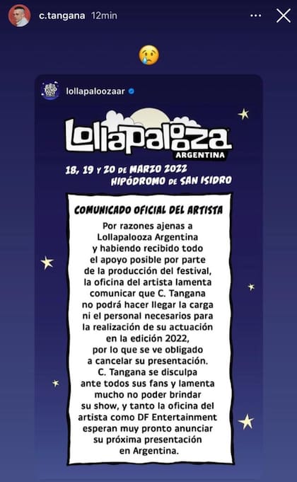 C. Tangana compartió el comunicado de Lollapalooza y lo acompañó con una carita triste