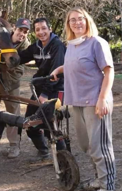 Voluntarios del CRRE con la yegua Ica, para quien confeccionaron una silla de ruedas, ya que tras su rescate en Tigre al principio no podía caminar porque tenía los tendones cortados