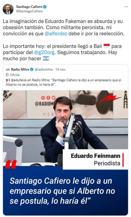 Cafiero le respondió a Feinmann después de que el periodista afirmara que busca postularse como candidato a presidente