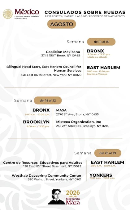 Calendario de agosto del Consulado Sobre Ruedas en Nueva York