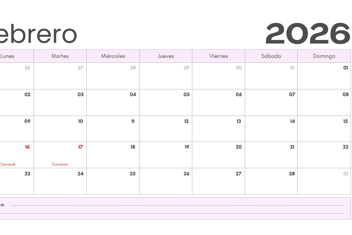 Calendario de febrero 2026