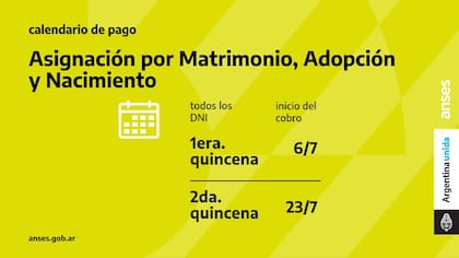 Calendario de pago de la Asignación por Matrimonio, Adopción y Nacimiento de julio