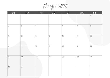Calendario mensual 2026 para imprimir: marzo