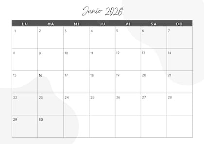 Calendario mensual 2026 para imprimir: junio