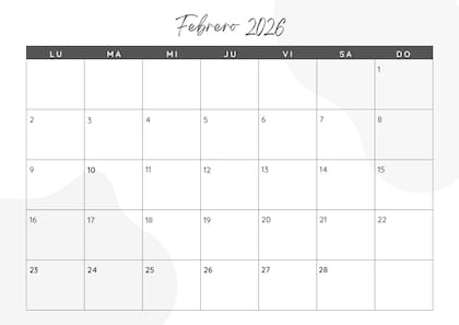 Calendario mensual 2026 para imprimir: febrero