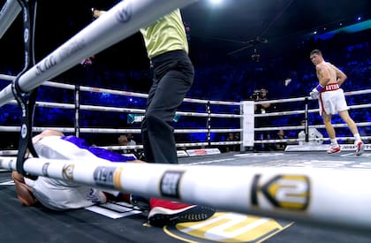 Callum Smith (right) looks around as Mathieu Bauderlique remains down during their Final Eliminator for the WBC Super-Middleweight Title fight at the King Abdullah Sport City Stadium in Jeddah, Saudi Arabia. Picture date: Saturday August 20, 2022. (Photo by Nick Potts/PA Images via Getty Images)