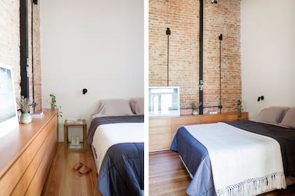 Cama con manta ‘Yavi’ (Elementos Argentinos), consola diseñada a medida (Estudio Yama). Luminarias de aluminio negro microtexturado (Paraná 201), montadas sobre apliques de pared.