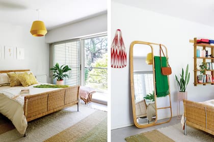 Cama con pie y respaldo trenzado de Ikea (Mercado Libre). Almohadones pintados a mano (Mercedes Segura). Maceta de cerámica rosa (Pasionarias del Bajo). Alfombra artesanal (Renzo Galeano). Espejo-perchero de caña (Wood Market). Biblioteca flotante (La Base Studio).