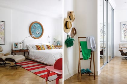 Cama con respaldo de género. Cuadro de Julián Prebisch con marco de mimbre. La alfombra (Rugit) dialoga con la silla roja Eames. Frente al placard con frente espejado, poltrona con otomana, también de Eames (Manifesto).