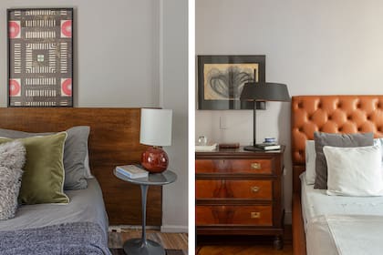 Cama con respaldo (Dipia Muebles). Almohadones de terciopelo (Sixta). Lámpara de noche ‘Bola'. Derecha. Respaldo de cuero capitoné. Obra de Julio Hirsch (nombre real del actor Julio Chávez). Manta (Elementos Argentinos). Lámparas (Fábrica de Luz)
