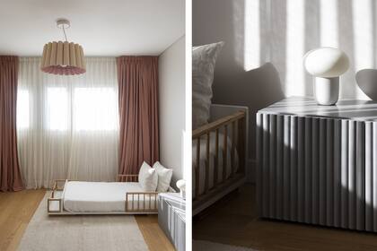 Cama Montessori, alfombra (Elementos Argentinos), lámpara de techo (Weplight). Cortinas dobles (una capa de lino y otra black out). Mueble laqueado gris con frente de media caña (Estudios Ledesma/Lesel), lámpara 'Lumuna' (Flo's Market).