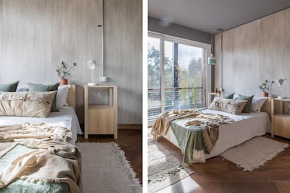 Cama y mesa de luz (Paraná Muebles). Ropa de cama (Lote Propio). El gris de las paredes y cielos rasos es el ‘N 208-5′ de Decorcryl (Colorín). Pared revestida en melamina (Faplac). Lámpara de cerámica (A3).