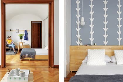 Cama y respaldo de madera, banco adosado a la pared y perchero extendido (todo de Paraná Muebles).