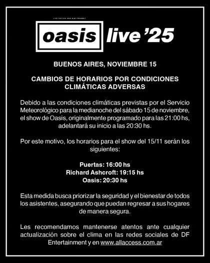 Cambiaron los horarios del show del sábado de Oasis por las condiciones climáticas