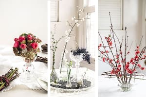 Camelias, ciruelos y membrilleros en flor, protagonistas de estos arreglos etéreos, sutiles y románticos.