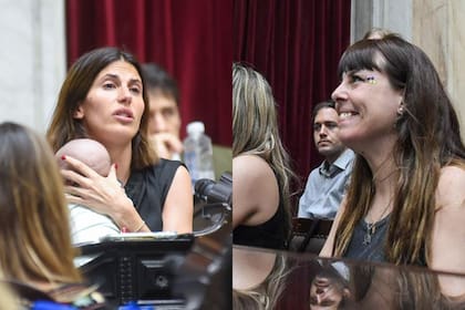 Camila Crescimbeni, diputada de Juntos por el Cambio, fue al recinto con su bebé Rufino (izq.); Johanna Piferrer, militante de la agrupación Eva Perón de Lanús, el día en que la ley bautizada con su nombre obtuvo media sanción en Diputados