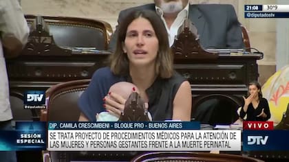 Camila, durante la votación del proyecto de la ley Johanna, con Rufino en brazos