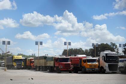 Camiones con cereal esperan turno para descargar en la planta de Cargil en San Lorenzo