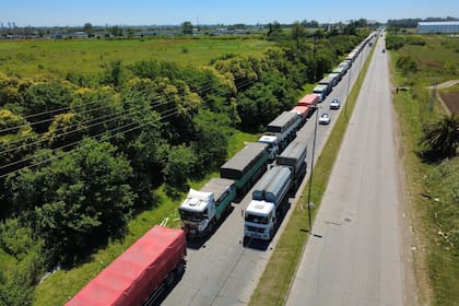 Camiones con trigo en la zona de Avenida Circunvalación y Uriburu, en Rosario
