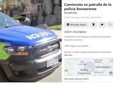 Camioneta patrullera de la policía bonaerense ofertada en Facebook Marketplace.